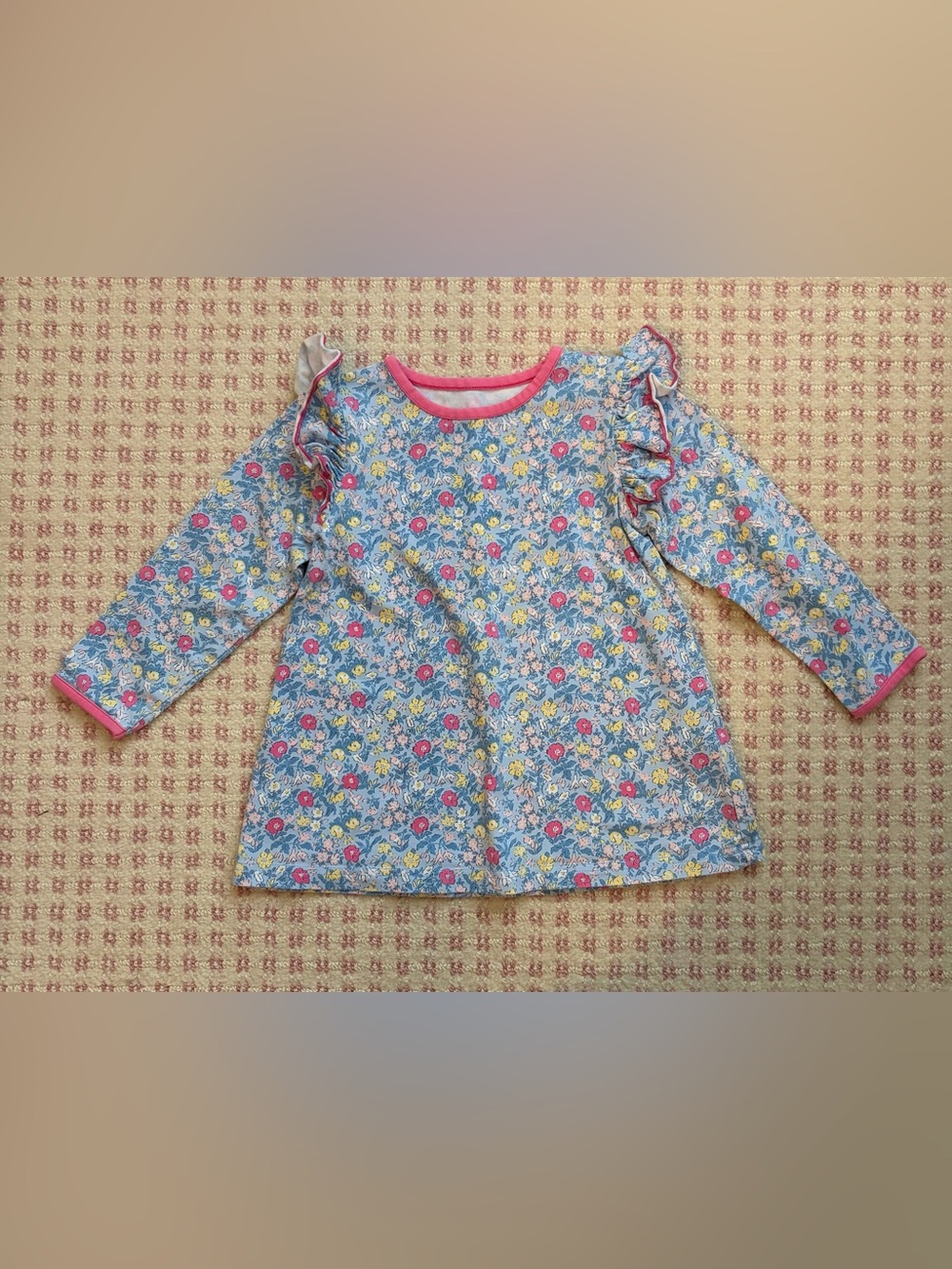 Girls' Blue Floral Ruffle Long-Sleeve Top with Pink Trim